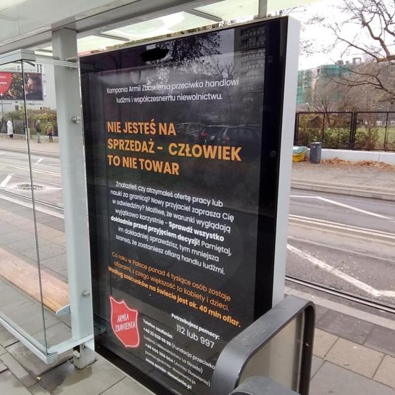 A Salvation Army advert at a bus stop highlighting the dangers of trafficking