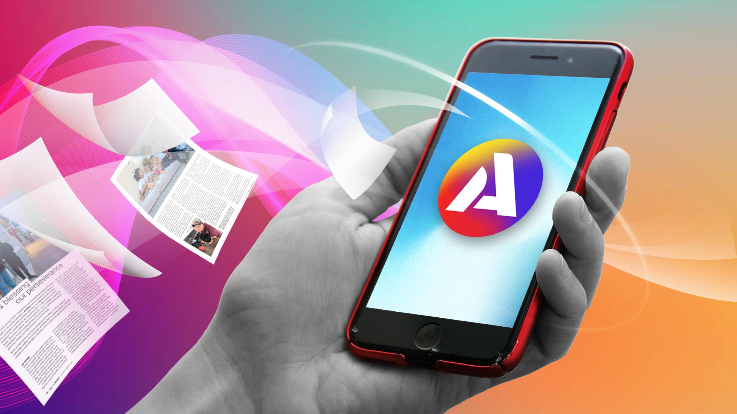 Lose pages of All the World printed magazine merge into a smart phone demonstrating the move from print to online